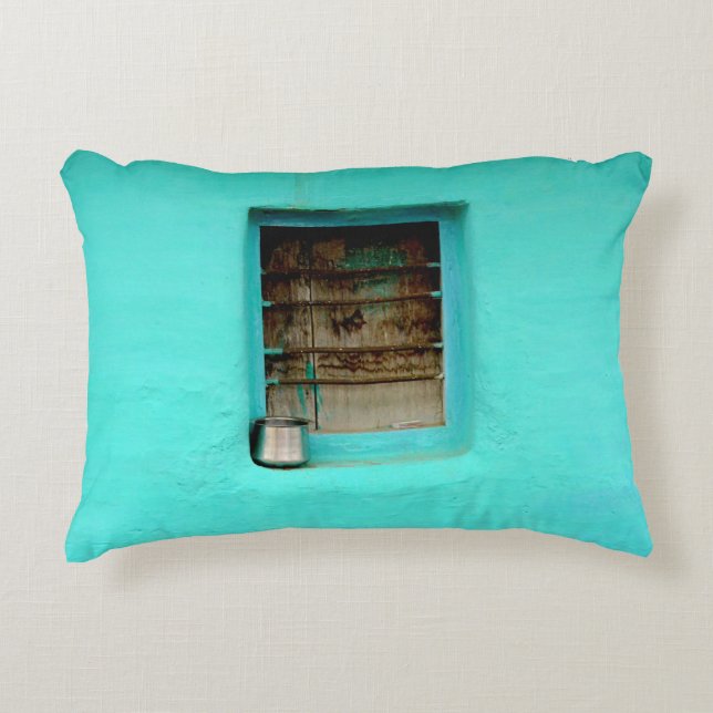 GRAY STEEL CONTAINER ON WINDOW WITH TEAL PAINT ACCENT PILLOW (Front)