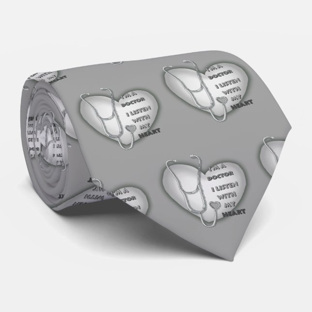Gray Stethoscope Heart Doctor Neck Tie (Rolled)