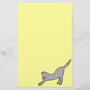 Gray Stretching Cat on Yellow Stationery