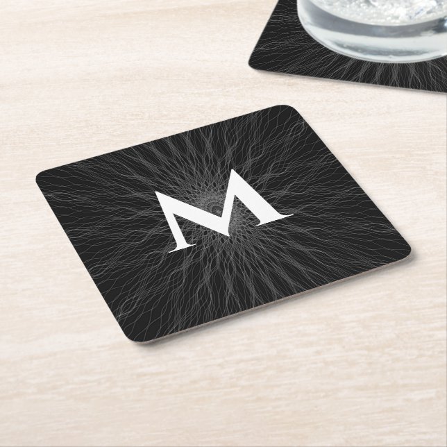 Gray string waves black monogram square paper coaster (Angled)