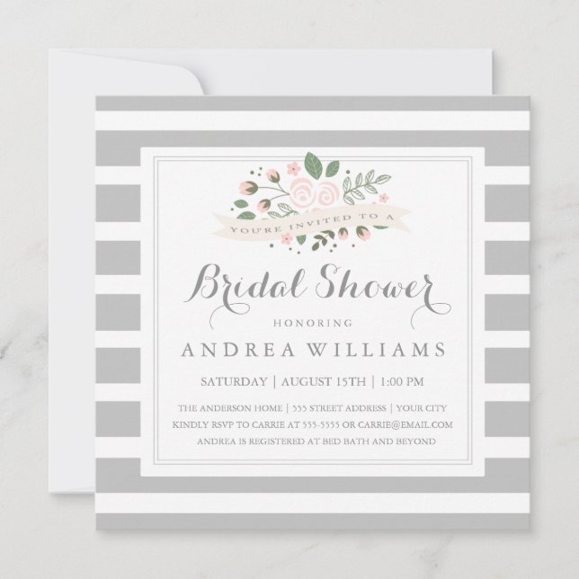 Gray Stripe and Floral Bridal Shower Invite (Front)