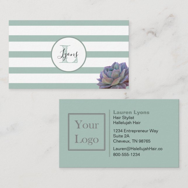 Gray Stripe and Succulent Monogrammed Business Card (Front/Back)