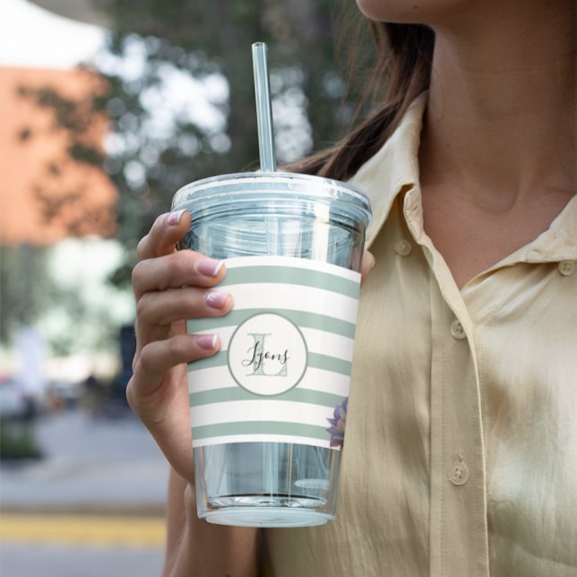 Gray Stripe and Succulent Monogrammed Personalized Acrylic Tumbler (Creator Uploaded)