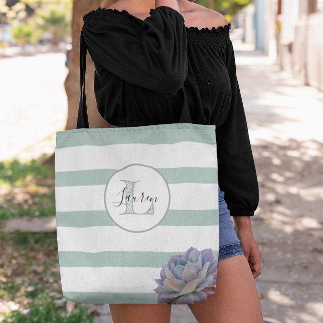Gray Stripe and Succulent Monogrammed Personalized Tote Bag (Creator Uploaded)