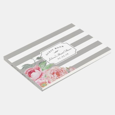 Gray Stripe &amp; Antique Peony Bridal Shower Guest Book