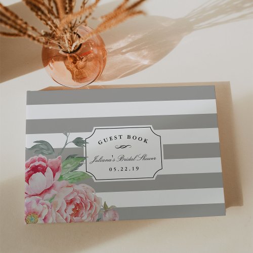 Gray Stripe  Antique Peony Bridal Shower Guest Book