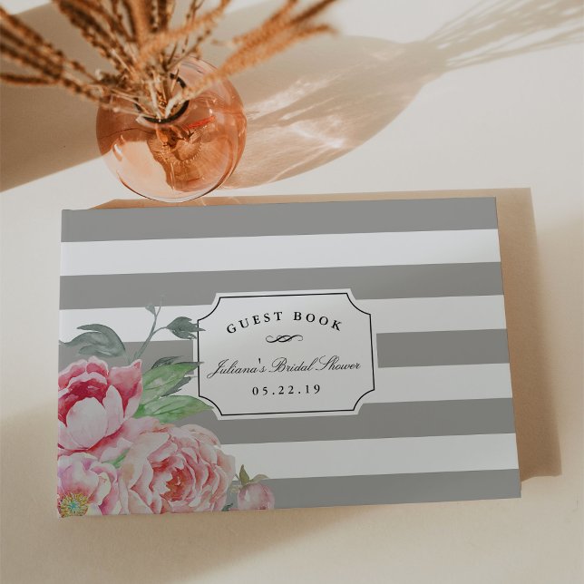 Gray Stripe & Antique Peony Bridal Shower Guest Book (Creator Uploaded)