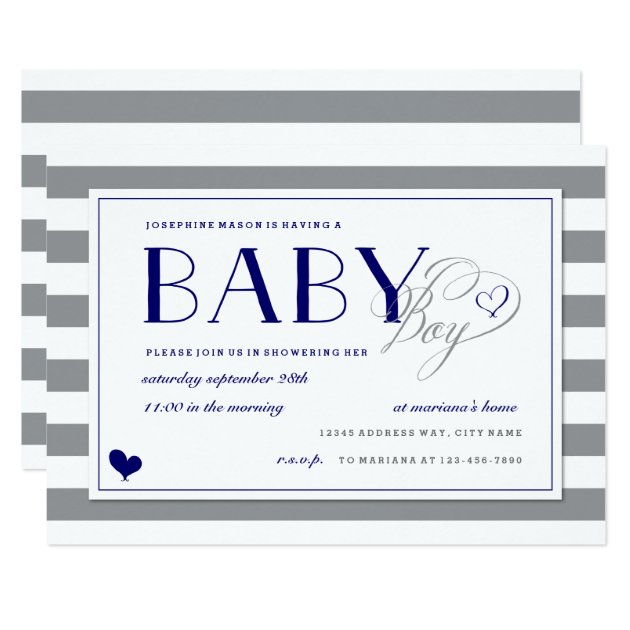 Gray Stripe Baby Boy Shower And Navy Blue Invitation