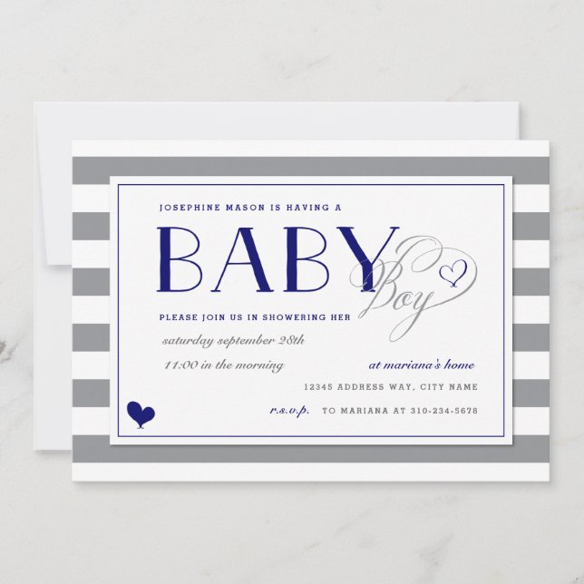 Gray Stripe Baby Boy Shower and Navy Blue Invitation (Front)