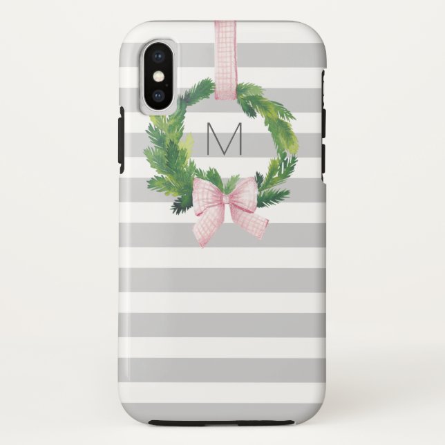 Gray stripe Christmas wreath monogram Case-Mate iPhone Case (Back)