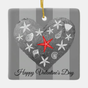 Gray Stripe Coastal Theme Seashell Starfish Heart Ceramic Ornament