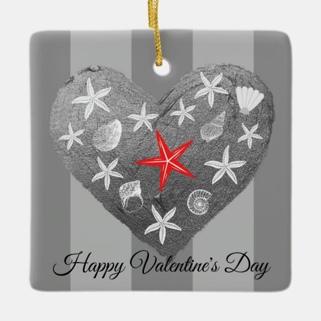 Gray Stripe Coastal Theme Seashell Starfish Heart Ceramic Ornament (Front)