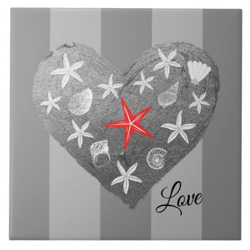 Gray Stripe Coastal Theme Seashell Starfish Heart Ceramic Tile