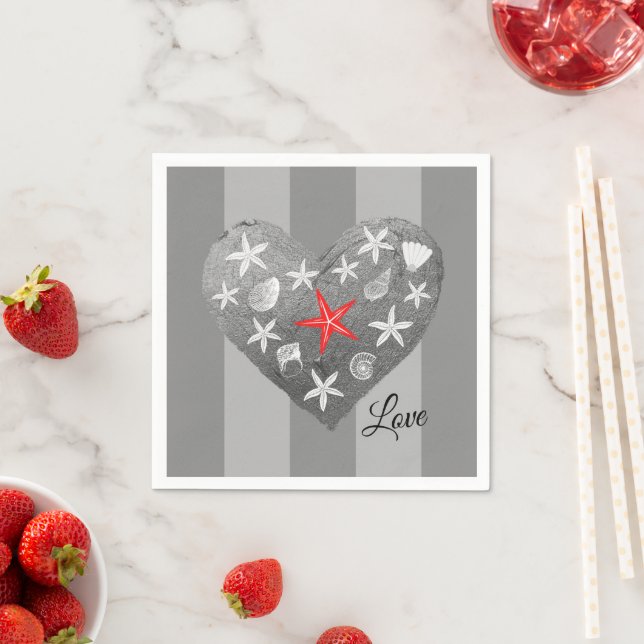 Gray Stripe Coastal Theme Seashell Starfish Heart Napkins (Insitu)