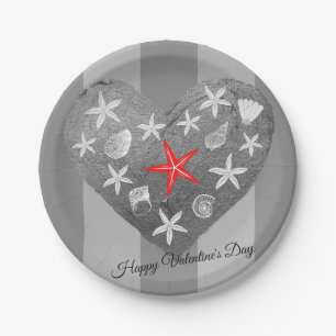 Gray Stripe Coastal Theme Seashell Starfish Heart Paper Plates