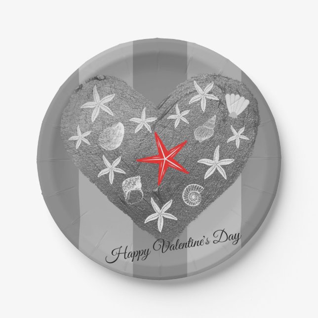 Gray Stripe Coastal Theme Seashell Starfish Heart Paper Plates (Front)