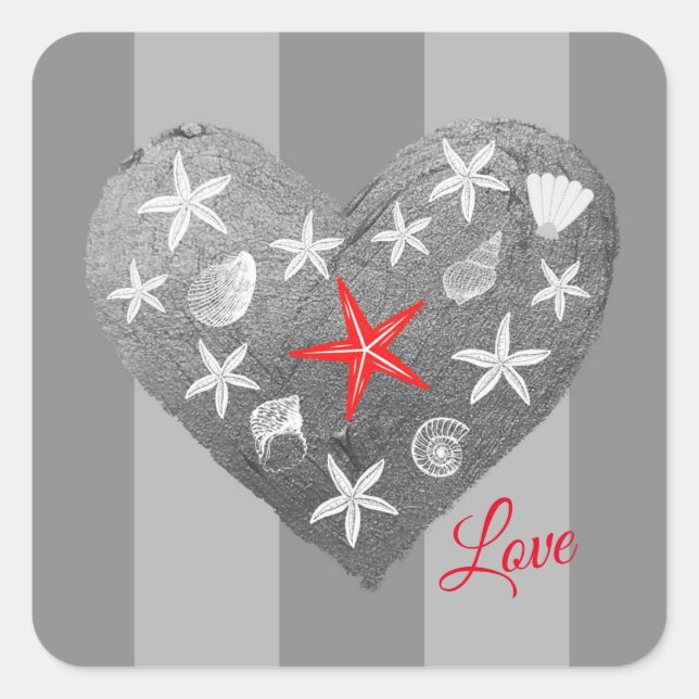 Gray Stripe Coastal Theme Seashell Starfish Heart Square Sticker (Front)