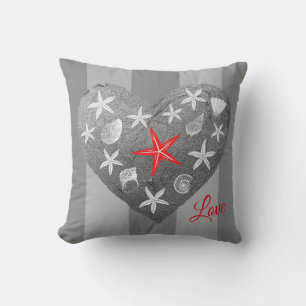 Gray Stripe Coastal Theme Seashell Starfish Heart Throw Pillow