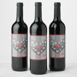 Gray Stripe Coastal Theme Seashell Starfish Heart Wine Label