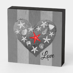 Gray Stripe Coastal Theme Seashell Starfish Heart Wooden Box Sign