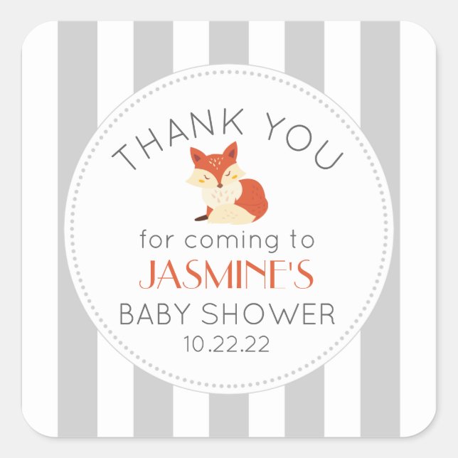 Gray stripe fox neutral baby shower theme square sticker (Front)