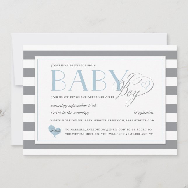Gray Stripe Light Blue Boy Baby Shower by Mail Invitation (Front)