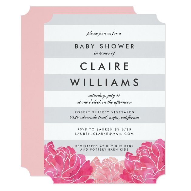 Gray Stripe & Pink Peony Baby Shower Invitation