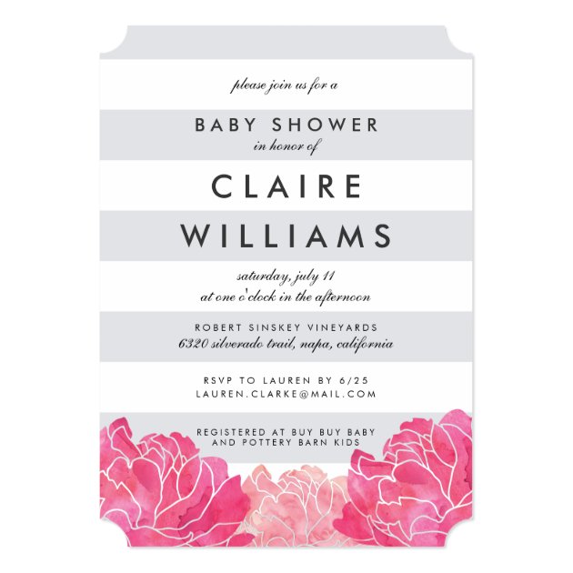 Gray Stripe & Pink Peony Baby Shower Invitation