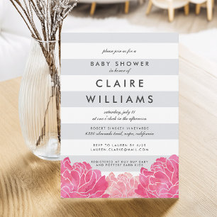 Gray Stripe & Pink Peony Baby Shower Invitation