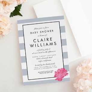 Gray Stripe & Pink Peony Baby Shower Invitation