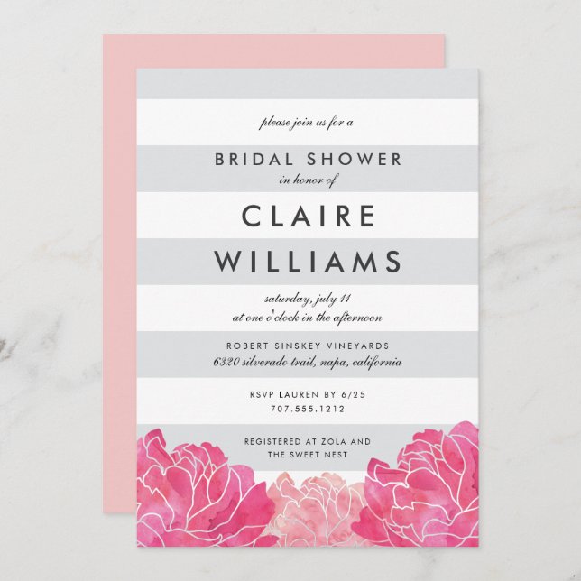 Gray Stripe & Pink Peony Bridal Shower Invitation (Front/Back)