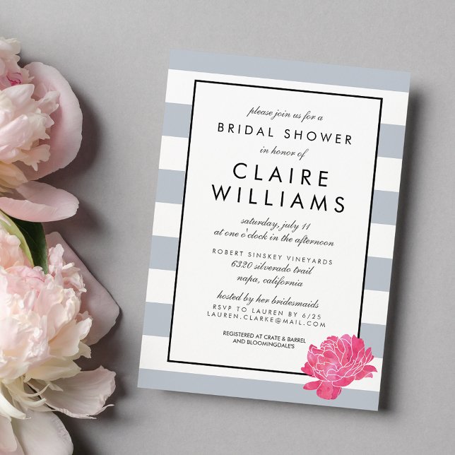 Gray Stripe & Pink Peony Bridal Shower Invitation (Creator Uploaded)