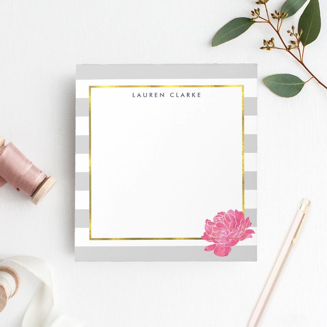 Gray Stripe & Pink Peony Personalized Notepad (Creator Uploaded)