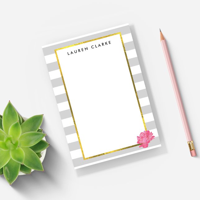 Gray Stripe & Pink Peony Personalized Post-it Notes (Creator Uploaded)