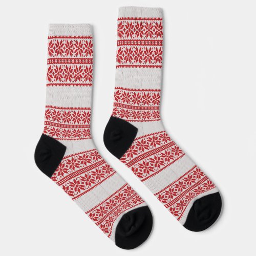Gray Stripe Red Christmas Flower Pattern Socks