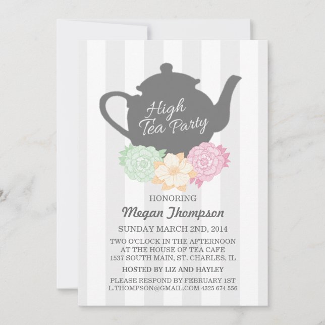 Gray Stripe & Teapot High Tea Invitation (Front)