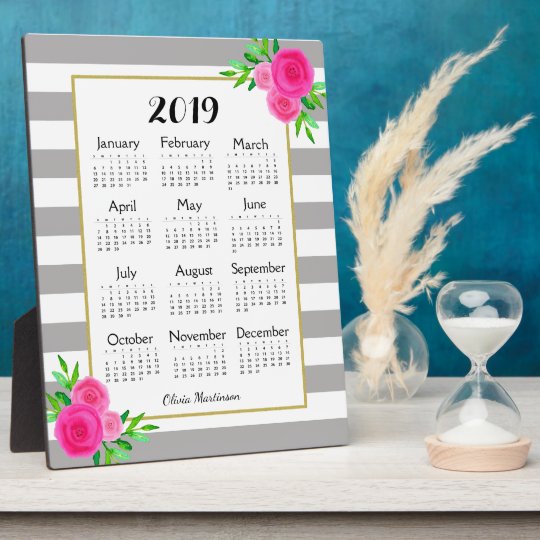 Gray Striped Floral Monogram 2019 Desk Calendar Plaque Zazzle Com