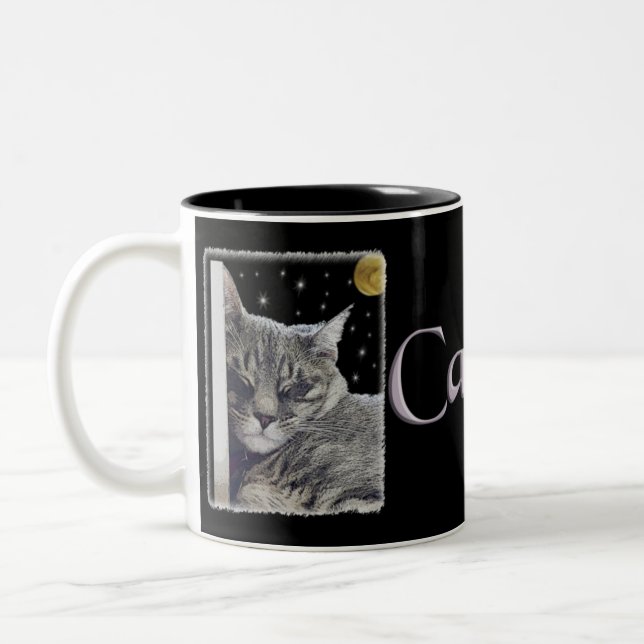 Gray Striped Kitty Art "Catnap" Two-Tone Coffee Mug (Left)