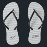Gray striped monogram wedding party flip flops<br><div class="desc">Gray / grey name monogram striped pattern wedding flip flops. Custom color strap for him and her / men and women. Custom background color and personalized name initials. Modern trendy stripe design sandals. Vertical or horizontal lines. Cute party favor for beach theme wedding, marriage, bridal shower, engagement, anniversary, birthday, bbq,...</div>