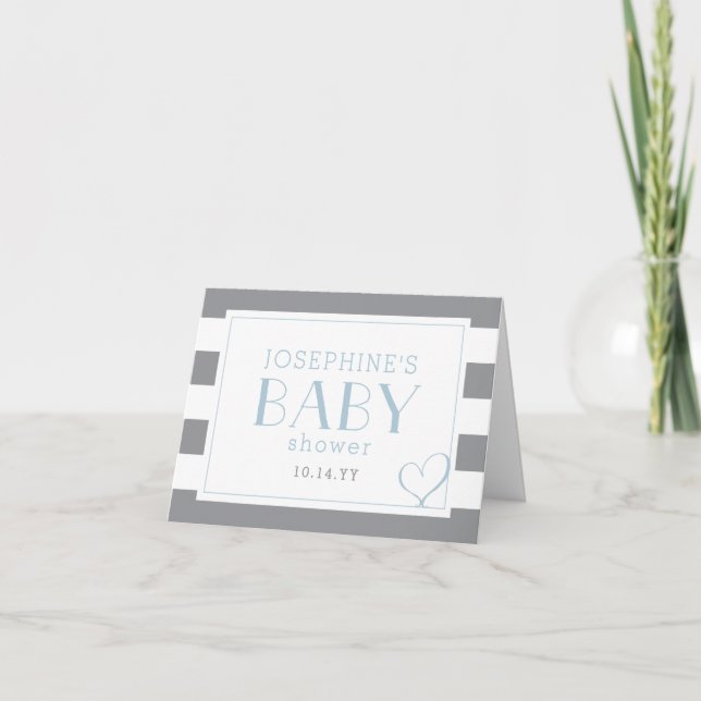 Gray Striped Shower Light Blue Letterpress Thank You Card (Front)