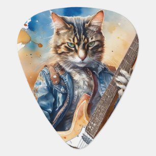 Gray Striped Tabby Cat Rock Star Playing Guitar on Guitar Pick