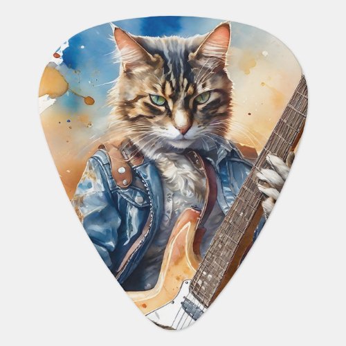 Gray Striped Tabby Cat Rock Star Playing Guitar on Guitar Pick