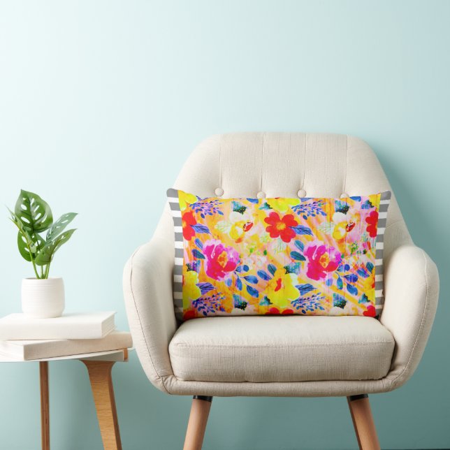 Gray Striped Trim Orange Floral Throw Pillow (Chair)