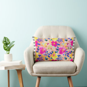 Gray Striped Trim Pink Floral Throw Pillow