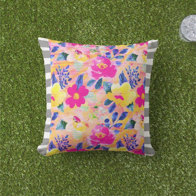 Gray Striped Trim Pink Floral Throw Pillow (Grass)
