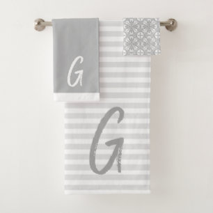 Gray Stripes and Monogram Bath Towel Set