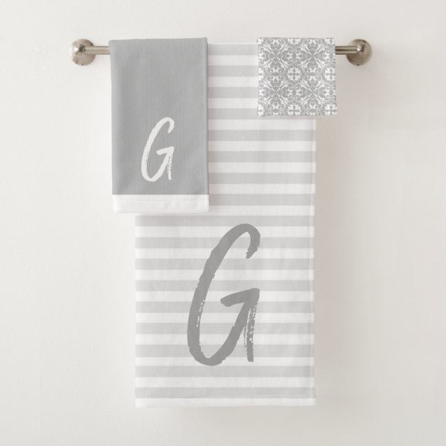 Gray Stripes and Monogram Bath Towel Set (Insitu)
