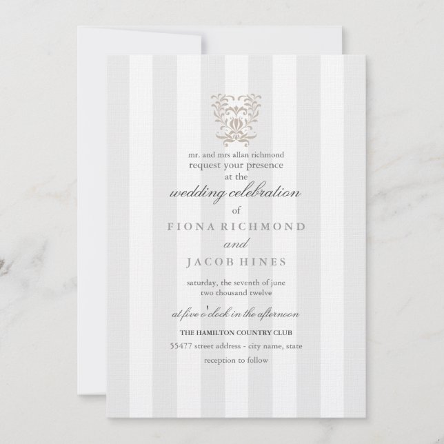 Gray Stripes & Brown Damask Wedding Invitation (Front)