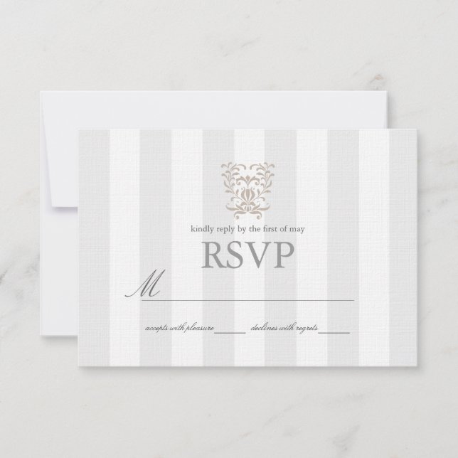 Gray Stripes & Brown Damask Wedding RSVP Card (Front)