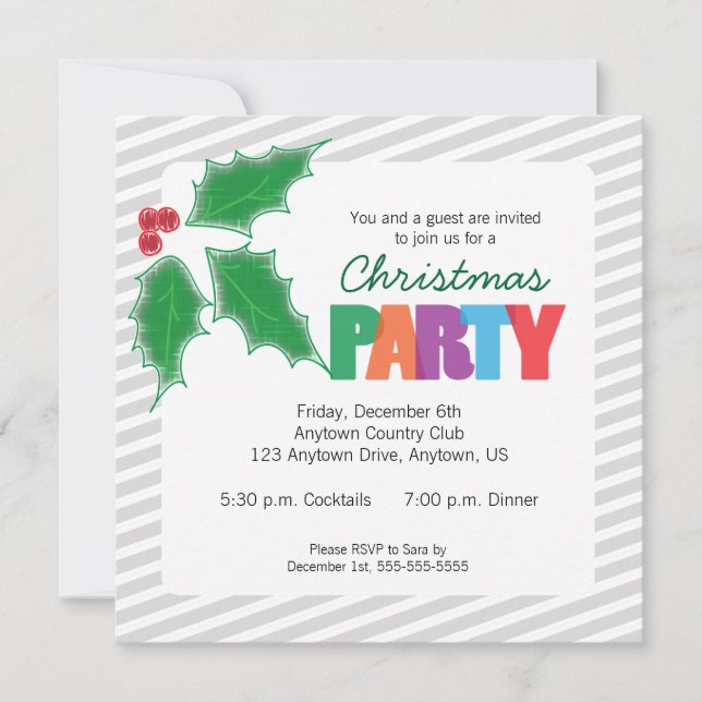 Gray Stripes, Green Holly Christmas Party Invitation (Front)
